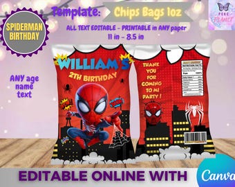 Spiderman Birthday - chips bag template, Edit Yourself in CANVA. Party Kit. Online template