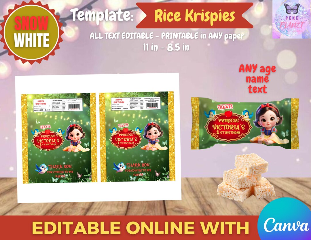 Princess Rice Paper Snow White Babe Princess Rice Krispies Template, EDIT Yourself in CANVA ...
