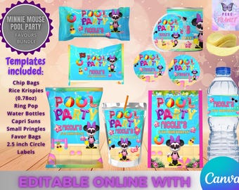 Minnie Mouse Pool Party Birthday Theme - 8 Labels - Digital Download. Editable in CANVA.