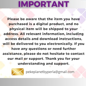 Puede incluir: Aviso de producto digital con la palabra "IMPORTANTE" en morado en la parte superior. El texto explica que la compra es un producto digital y que no se enviar&aacute; ning&uacute;n art&iacute;culo f&iacute;sico. Se proporciona informaci&oacute;n de contacto.