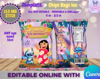 Lilo and Stitch Birthday chips bag template, Edit Yourself in CANVA. Party Kit. Online template