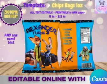 Zootopia Geburtstag Chips Tasche Vorlage, Bearbeiten Sie sich in CANVA. Party-Kit. Online-Vorlage