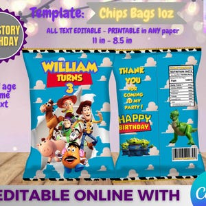 Puede incluir: Una plantilla de bolsa de patatas fritas azul con el tema de Toy Story. La bolsa presenta el texto "William Turns 3" y "Happy Birthday". El diseño incluye imágenes de personajes de Toy Story y es editable en línea.