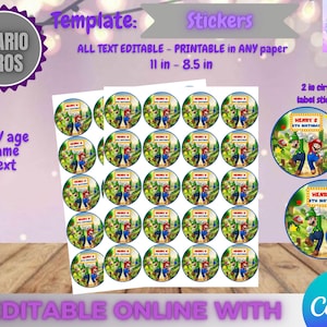 May include: Sheet of Mario Bros stickers with the text "HENRY'S 4TH BIRTHDAY" on each. The stickers are round and feature Mario and Luigi. The template is editable and printable on any paper. The sheet is 11 inches by 8.5 inches.
