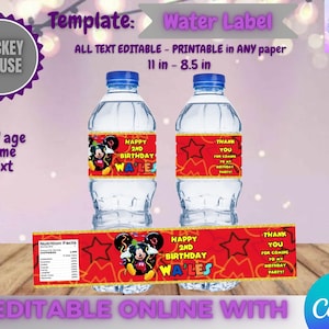 Mickey Mouse Birthday - Water Labels Template, EDIT Yourself in CANVA.