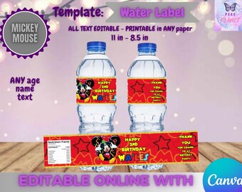 Mickey Mouse Birthday - Water Labels Template, EDIT Yourself in CANVA.