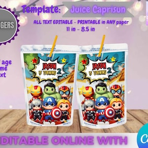 Avengers Birthday - Juice Caprisun template, Edit Yourself in CANVA. Party Kit. Online