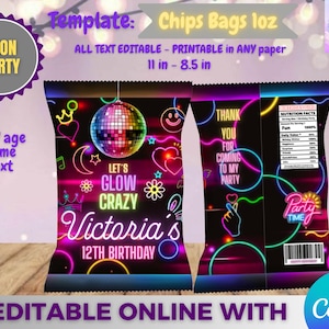 May include: A black and neon-colored chip bag template with a disco ball, hearts, and the text "Let's Glow Crazy" for a 12th birthday party. The bag is 11 inches by 8.5 inches and editable online.