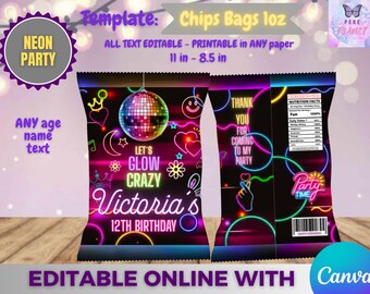 Neon Party Birthday - szablon paczki chipsów, Edytuj siebie w CANVA. Zestaw na imprezę. Szablon online