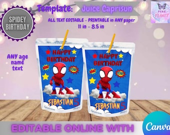Spidey Birthday - Juice Caprisun template, Edit Yourself in CANVA. Party Kit. Online