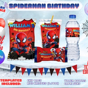May include: A Spiderman-themed birthday party bundle featuring chip bags, Capri Suns, water bottles, and Rice Krispies treats. The items are decorated with a Spiderman graphic and the text "William's 2th Birthday". Includes editable templates.