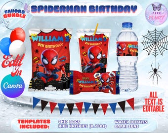 Spiderman Birthday Pack- 4 Labels - Digital Download. Editable in CANVA.