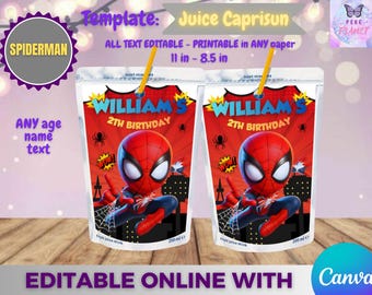 Spiderman Birthday - Juice Caprisun template, Edit Yourself in CANVA. Party Kit. Online