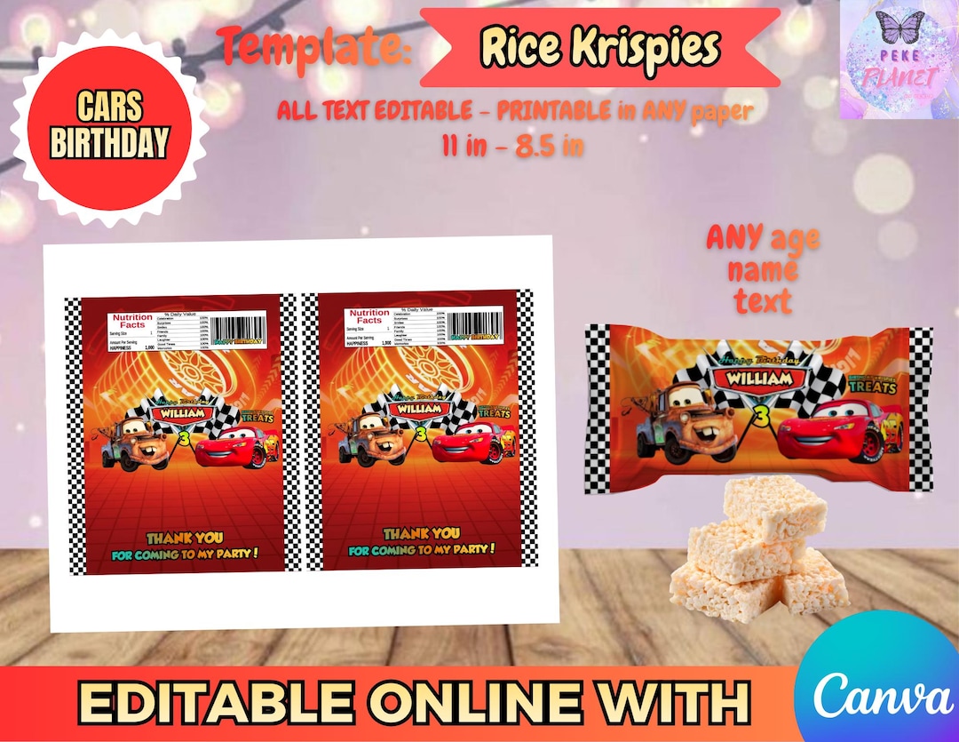 Cars Rice Printable Cars Birthday - Rice Krispies Template, EDIT Yourself in CANVA. - Etsy