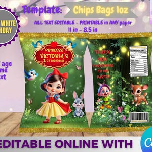 Puede incluir: Una plantilla de bolsa de patatas fritas con temática de Blancanieves con el texto "1er cumpleaños de la princesa Victoria". El diseño presenta a Blancanieves, animales del bosque y el texto "Gracias por venir a mi fiesta". Las dimensiones de la bolsa son 27,94 cm x 21,59 cm.