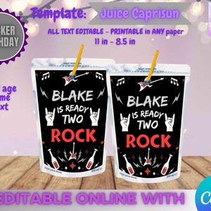 Rocker Birthday Juice Caprisun template, Edit Yourself in CANVA. Party Kit. Online template