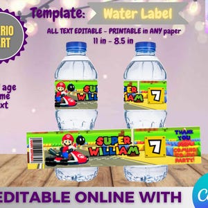 Könnte beinhalten: Wasserflaschenetiketten mit Mario Kart-Motiv. Die Etiketten sind anpassbar und zeigen ein Cartoon-Bild von Mario in einem roten Kart. Der Text auf dem Etikett lautet "SUPER WILLIAM 7". Die Vorlage ist 27,9 cm x 21,6 cm groß.