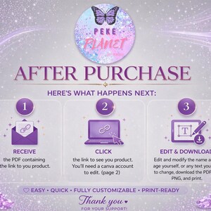 Peut inclure: Graphique violet et blanc avec le texte &laquo;&nbsp;APR&Egrave;S L'ACHAT&nbsp;&raquo; et des instructions pour recevoir, cliquer et modifier un produit. L'image comprend un logo papillon et les mots &laquo;&nbsp;PEKE PLANET&nbsp;&raquo;. Les instructions sont &laquo;&nbsp;FACILE &bull; RAPIDE &bull; ENTI&Egrave;REMENT PERSONNALISABLE &bull; PR&Ecirc;T &Agrave; IMPRIMER&nbsp;&raquo;.
