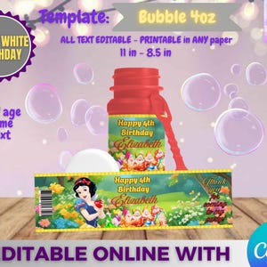 Puede incluir: Una botella de burbujas roja con una etiqueta que presenta a Blancanieves y los Siete Enanitos, con el texto "Happy 4th Birthday Elizabeth". La imagen también incluye una pancarta con el texto "Thank you for coming to my party". Editable en línea.