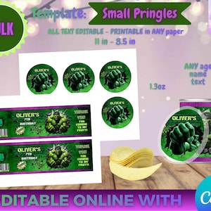 Hulk Birthday Small Pringles template, Edit Yourself in CANVA. Party Kit. Online template