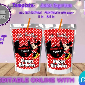 May include: Two juice pouches with Minnie Mouse graphics. The pouches have a red polka dot pattern and feature the text "Oh Toodles!" and "Happy Birthday." The design includes the text "KENILLA TURNS 2."