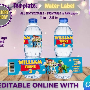 Toy Story Birthday - Water Labels Template, EDIT Yourself in CANVA.
