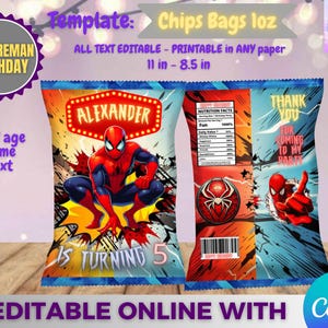 Spiderman Birthday - chips bag template, Edit Yourself in CANVA. Party Kit. Online template