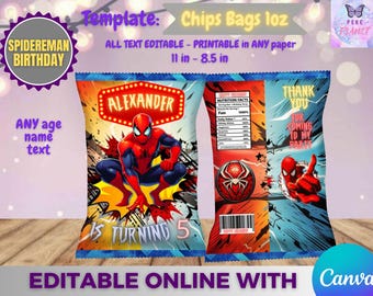 Spiderman Birthday - chips bag template, Edit Yourself in CANVA. Party Kit. Online template