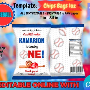 Vorlage für eine Chipstüte zum Baseball-Geburtstag. Bearbeiten Sie sie selbst in CANVA. Party-Set. Online-Vorlage