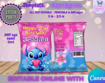 Stitch Birthday chips bag template, Edit Yourself in CANVA. Party Kit. Online template