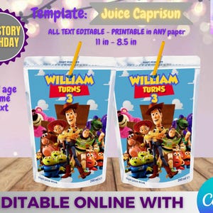 Toy Story Juice Caprisun template, Edit Yourself in CANVA. Party Kit. Online template