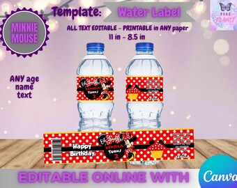 Minnie Mouse Birthday Water Labels Template, EDIT Yourself in CANVA.