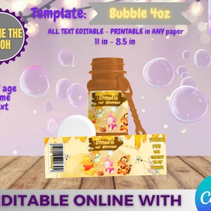 Puede incluir: Una botella de burbujas de plástico marrón con un tema de Winnie the Pooh, con una etiqueta con personajes de dibujos animados y el texto "Ethan's Birthday". El diseño incluye burbujas y el texto "Bubble 4oz" y "Editable Online with Canva".