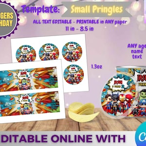 Puede incluir: Una plantilla para recuerdos de fiesta de cumpleaños con temática de los Vengadores. El diseño incluye etiquetas imprimibles para latas pequeñas de Pringles, con personajes de superhéroes. El texto "JASON TURNING 2" es visible en la lata. La plantilla es editable online con Canva.