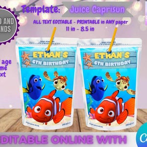 May include: Two juice pouches featuring Nemo and Friends characters, with the text "ETHAN'S 6TH BIRTHDAY." Each pouch has a yellow straw and holds 200 ml. The template is editable and printable on any paper, measuring 11 inches by 8.5 inches.
