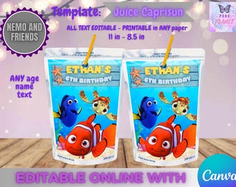 Nemo and Dory Birthday Juice Caprisun template, Edit Yourself in CANVA. Party Kit. Online template