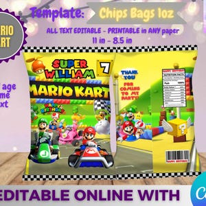May include: A colorful Mario Kart-themed chip bag template. The design features Mario and other characters racing, with text that reads "Super William" and "Happy Birthday." The bag is designed to be printable and editable.