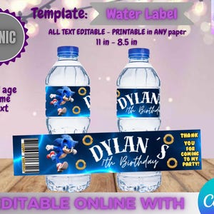 Sonic Birthday - Water Labels Template, EDIT Yourself in CANVA.