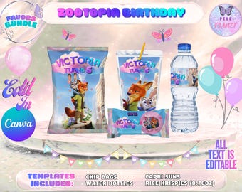 Pack Anniversaire Zootopia - 4 étiquettes - Téléchargement numérique. Modifiable sur CANVA.