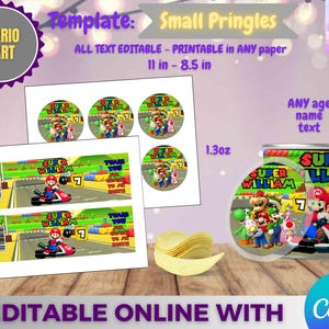 May include: A Mario Kart-themed party template with editable text. The design includes a can of chips, labels, and circular stickers. The text includes "Super William" and "7". The template is printable on 11 x 8.5 inch paper.