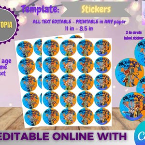 Könnte beinhalten: Bögen mit Aufklebern zum Thema Zootopia in Blau und Orange. Die Aufkleber zeigen Charaktere aus dem Film und sind mit "Alexander Turns 3" beschriftet. Der Text "All text editable - printable in any paper" ist ebenfalls sichtbar. Das Aufkleberblatt misst 27,9 cm x 21,6 cm.