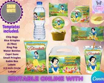Snow White Princess Pack- 8 Labels - Digital Download. Editable in CANVA.