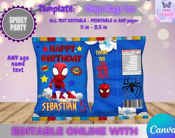 Spidey Birthday - chips bag template, Edit Yourself in CANVA. Party Kit. Online template