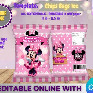 May include: Pink Minnie Mouse-themed chip bag template. The design features Minnie Mouse, polka dots, and the text "EMMA'S 3TH BIRTHDAY". The bag is 11 inches by 8.5 inches and includes editable text fields. The design is printable.