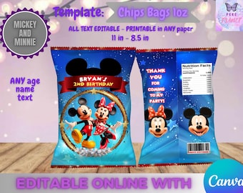 Mickey und Minnie Maus Geburtstags-Chipstüten-Vorlage, Selbstbearbeiten in CANVA. Party-Kit. Online-Vorlage