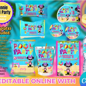 Minnie Mouse Pool Party Geburtstagsthema – 8 Etiketten – Digitaler Download. In CANVA bearbeitbar.