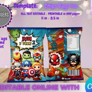 Puede incluir: Una plantilla de bolsa de patatas fritas colorida con personajes de los Vengadores. El diseño incluye el texto "JASON IS TURNING 2" y "THANK YOU FOR COMING TO MY PARTY". La bolsa mide 27,9 cm por 21,6 cm y es editable en línea.