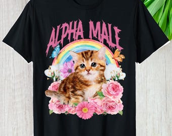 Alpha Cat Shirt, Funny Kitten Rainbow Floral Custom Gift Graphic Tee, Personalized Cute Cat Lover Animal Humor Unisex T-Shirt