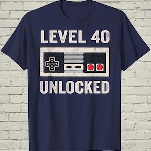 Level 40 Gamer Tee, Retro Unlocked Top, Fortieth Bday Gift for Him, Funny Console Apparel, Husband Arcade Clothes, PC Nerd Present