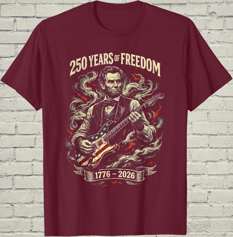 Funny Lincoln Playing Guitar Shirt, Retro 250 Years Of USA Freedom Apparel, 1776 To 2026 Patriotic 4th Of July Gift For Musician afbeelding 13
